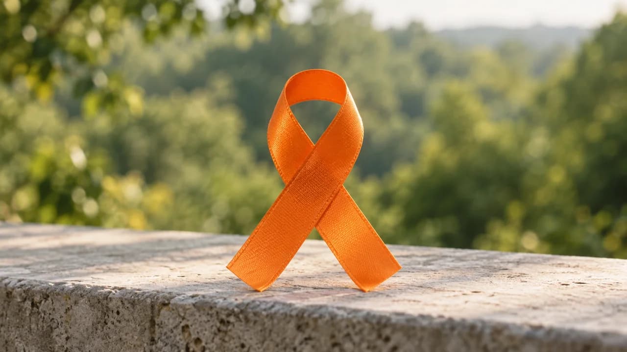 AI-generated editorial illustration: An orange awareness ribbon on a pale stone ledge with green trees in soft focus.