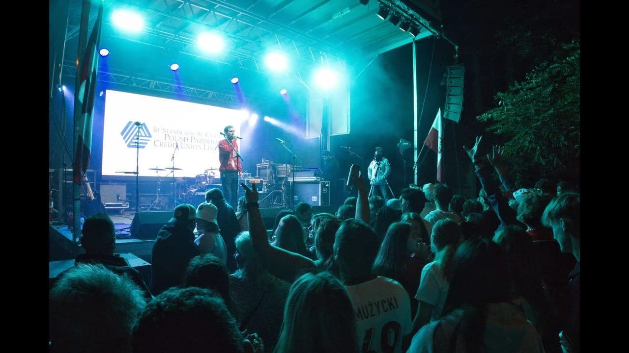 An outdoor festival main-stage concert at night, audience seen from behind; no identifiable faces.