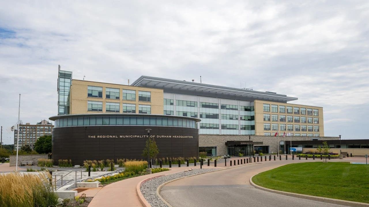 The Regional Municipality of Durham headquarters building at 605 Rossland Road East, Whitby, Ontario; no people present