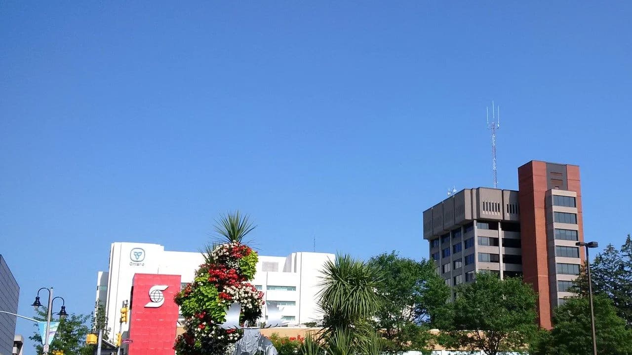 Oshawa City Hall tower with summer flower beds and landscaping in the foreground under a clear blue sky; no people.