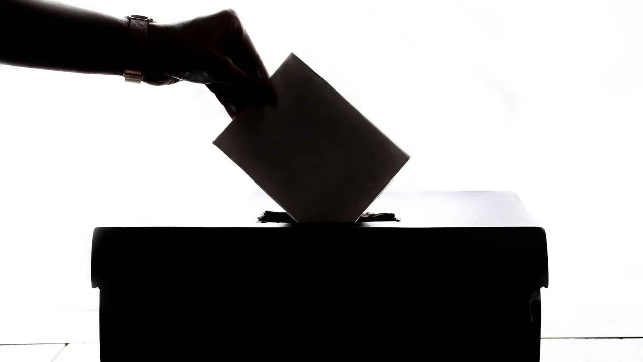 Silhouette of a hand dropping a ballot paper into a ballot box; no face or identifiable person visible.