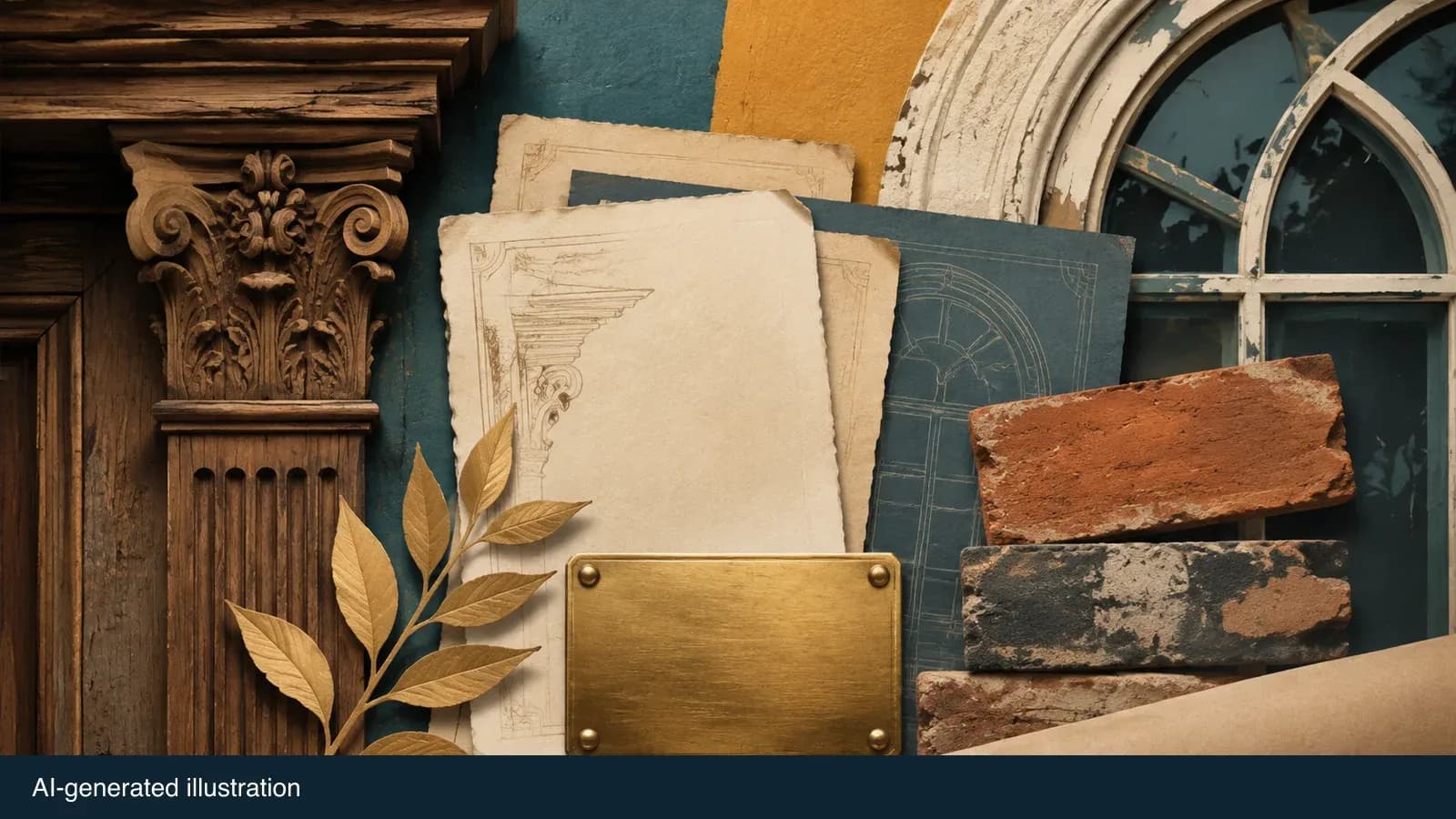 Illustrated heritage architectural details and an archival plaque. AI-generated illustration.