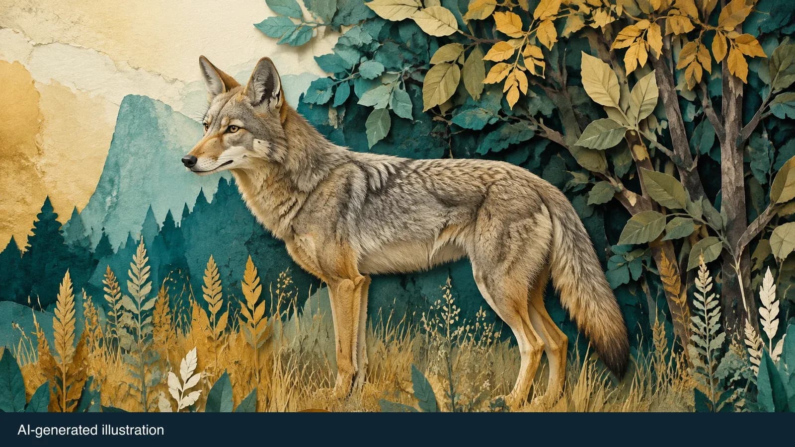 Illustrated coyote in grass; not a photograph of a reported sighting. AI-generated illustration.