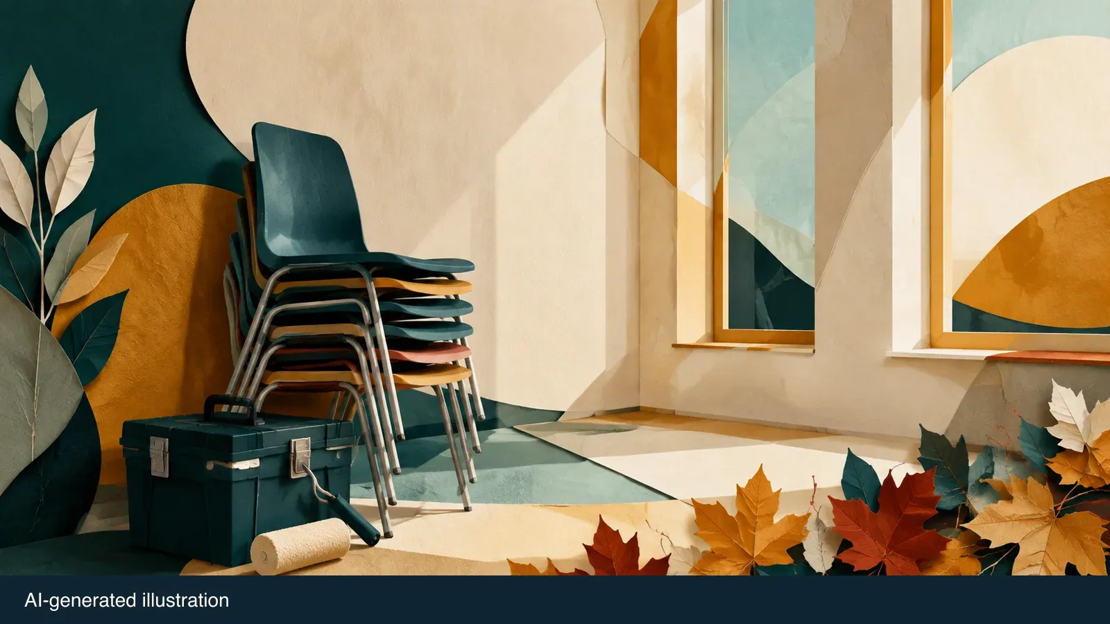 Illustrated community-room furniture and maintenance tools. AI-generated illustration.
