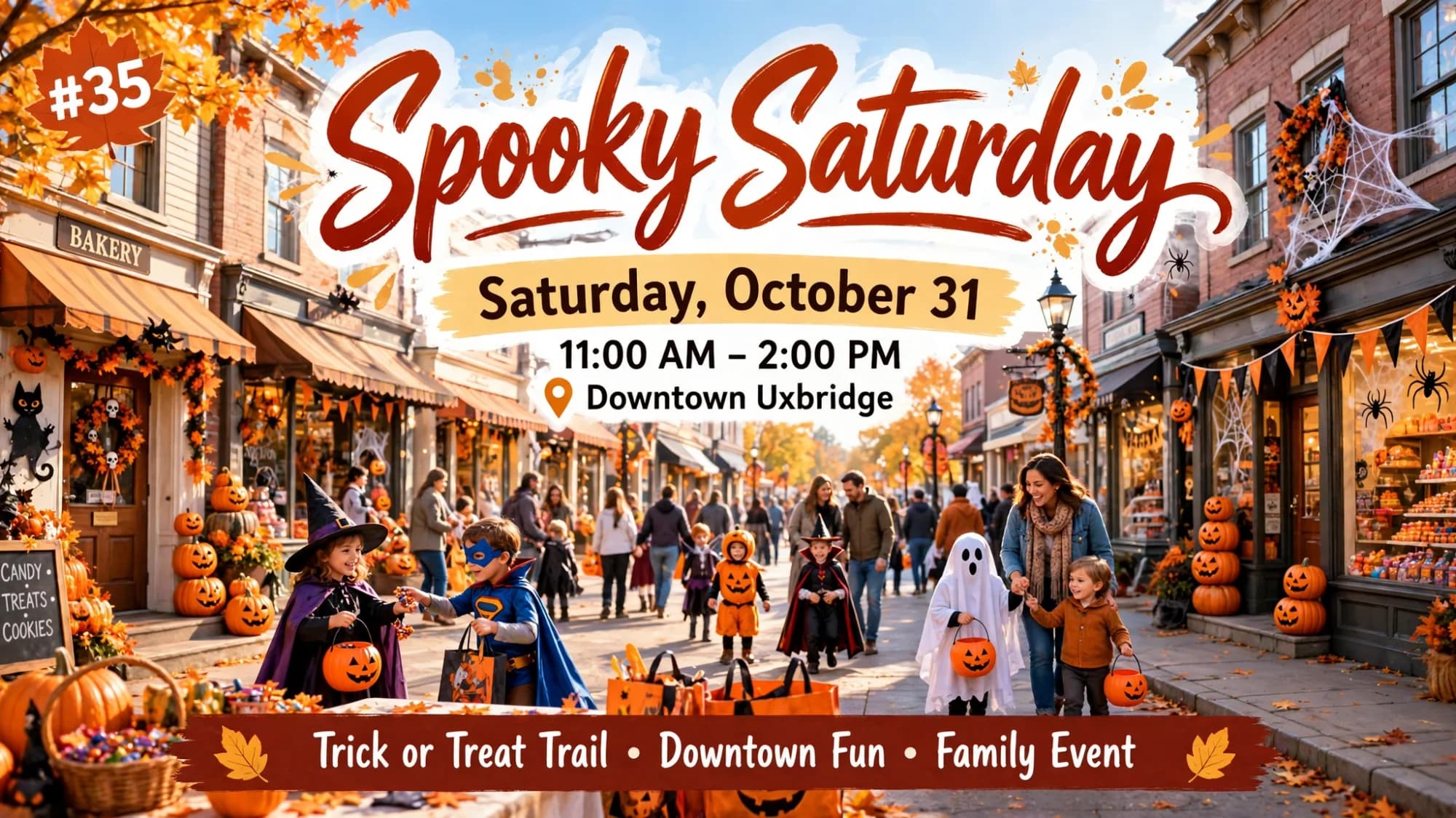 Spooky Saturday poster: kids trick-or-treating at decorated downtown shops