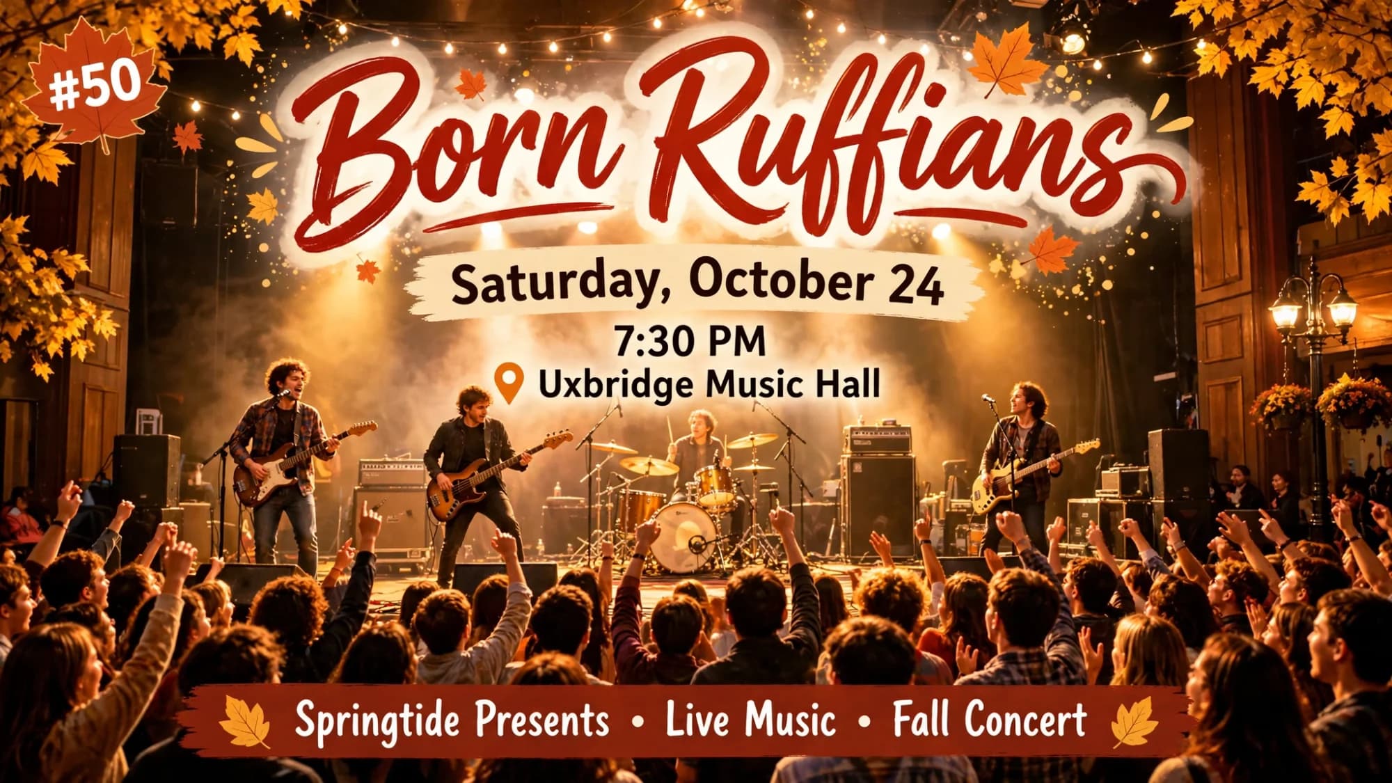 Poster for Born Ruffians presented by Springtide on Saturday, October 24 at Uxbridge Music Hall, with a band performing on a warm theatre stage.