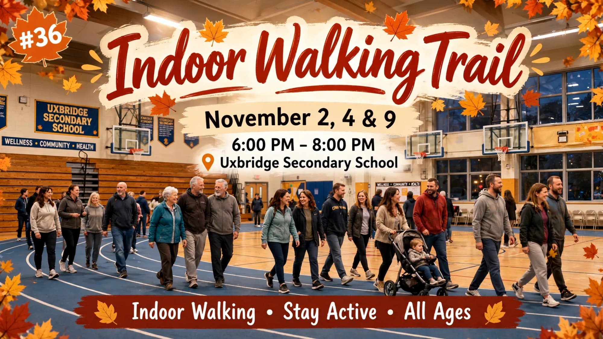 Indoor Walking Trail poster: neighbours walking laps in a school gymnasium
