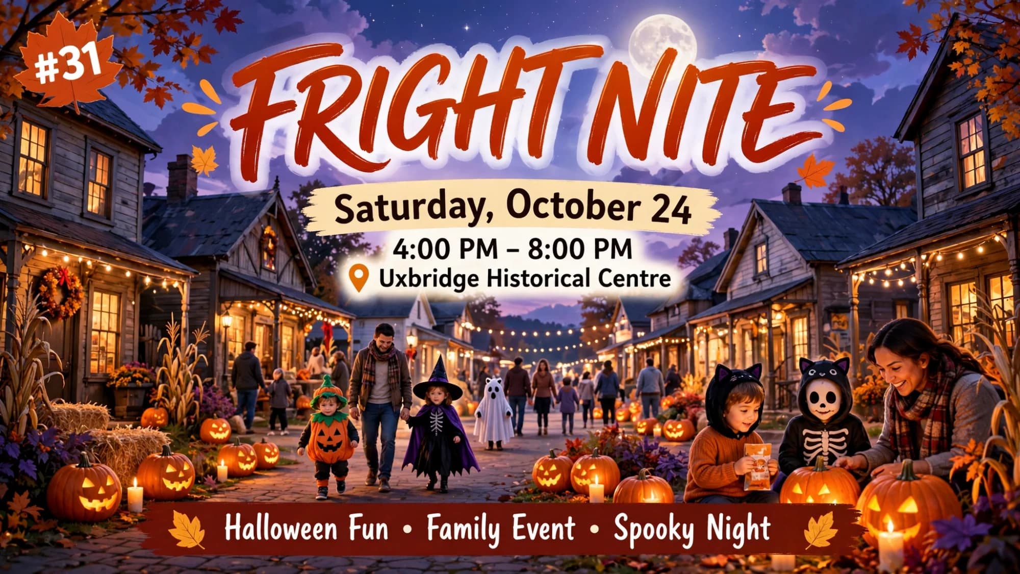 FRIGHT NITE poster: costumed families among jack-o-lanterns at a heritage village at dusk