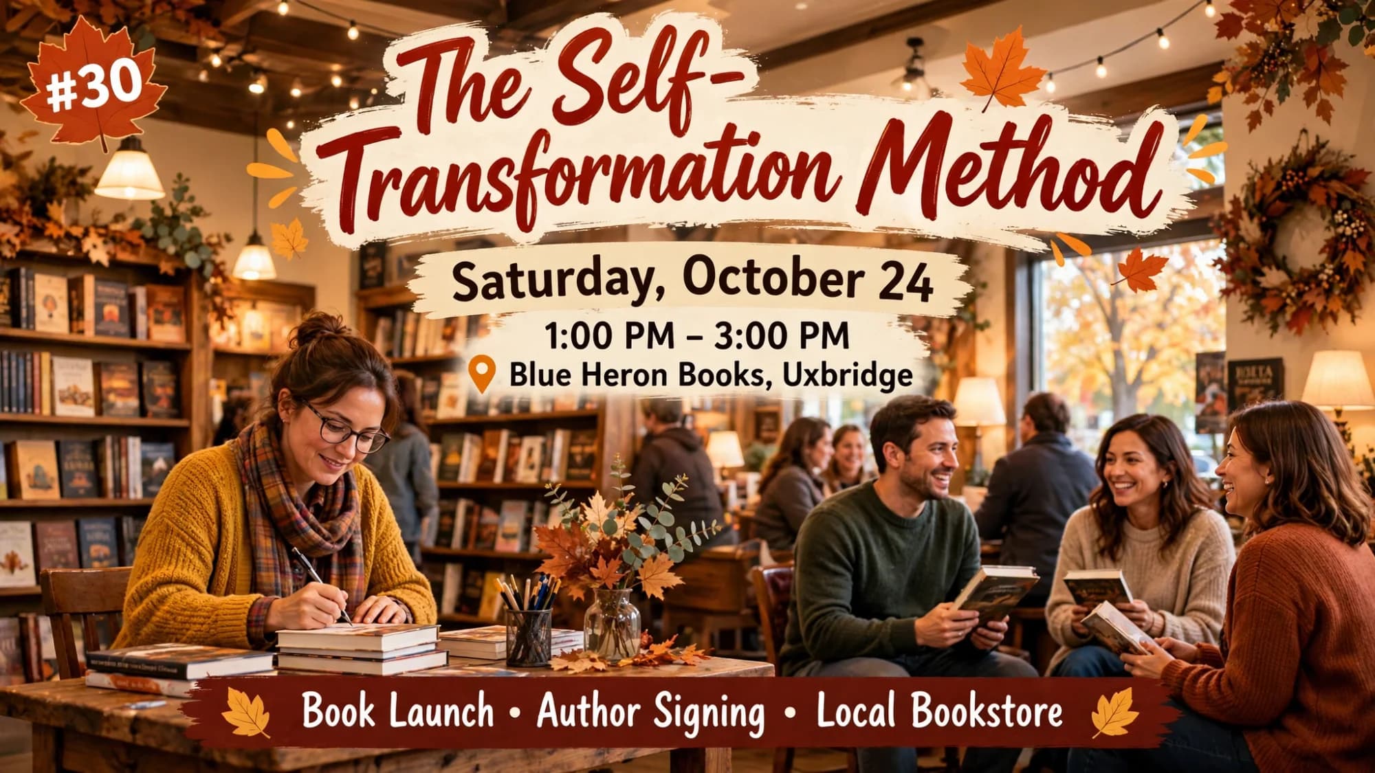 Book launch poster: an author signing books in a cozy bookstore