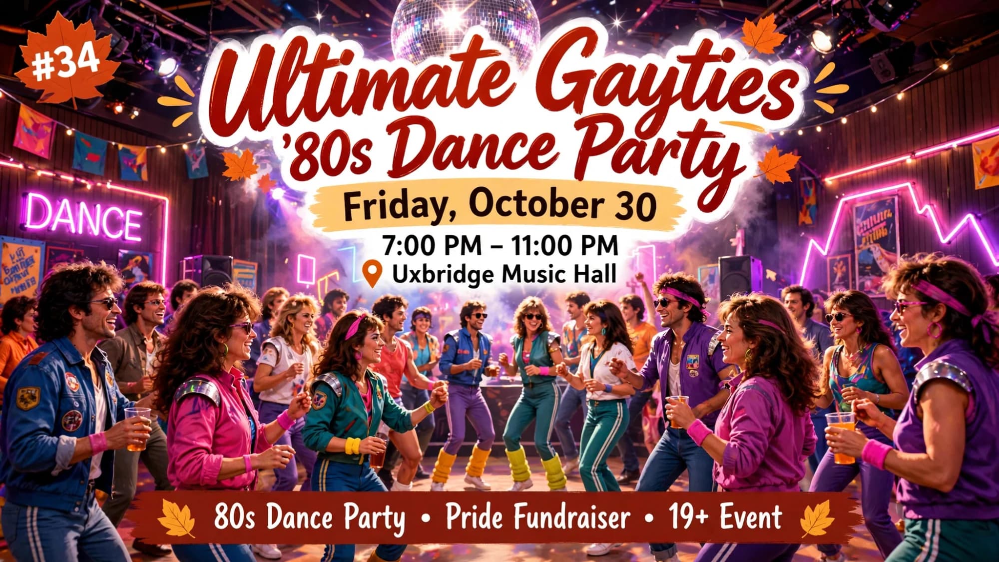 Ultimate Gayties poster: a retro 1980s dance party under a disco ball