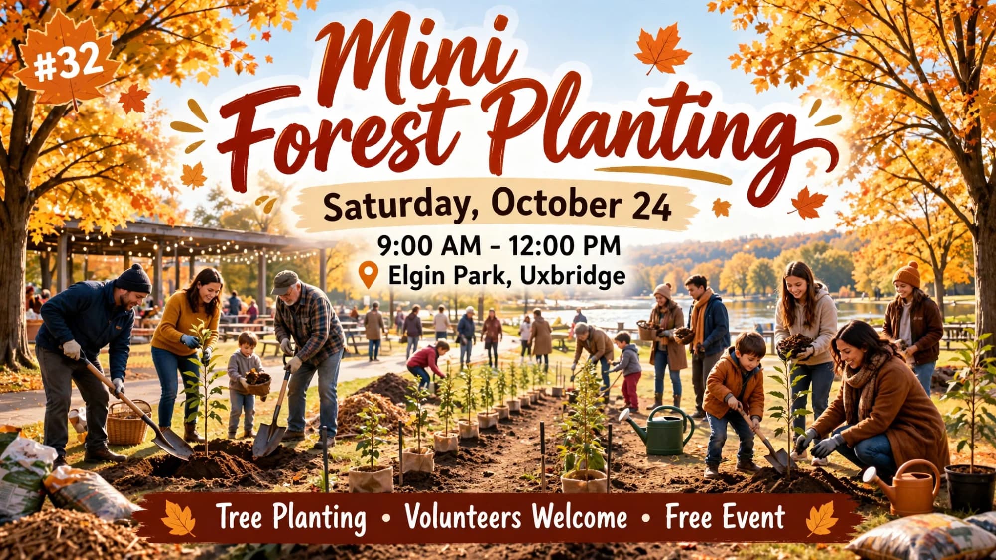 Mini Forest Planting poster: volunteers planting saplings in an autumn park