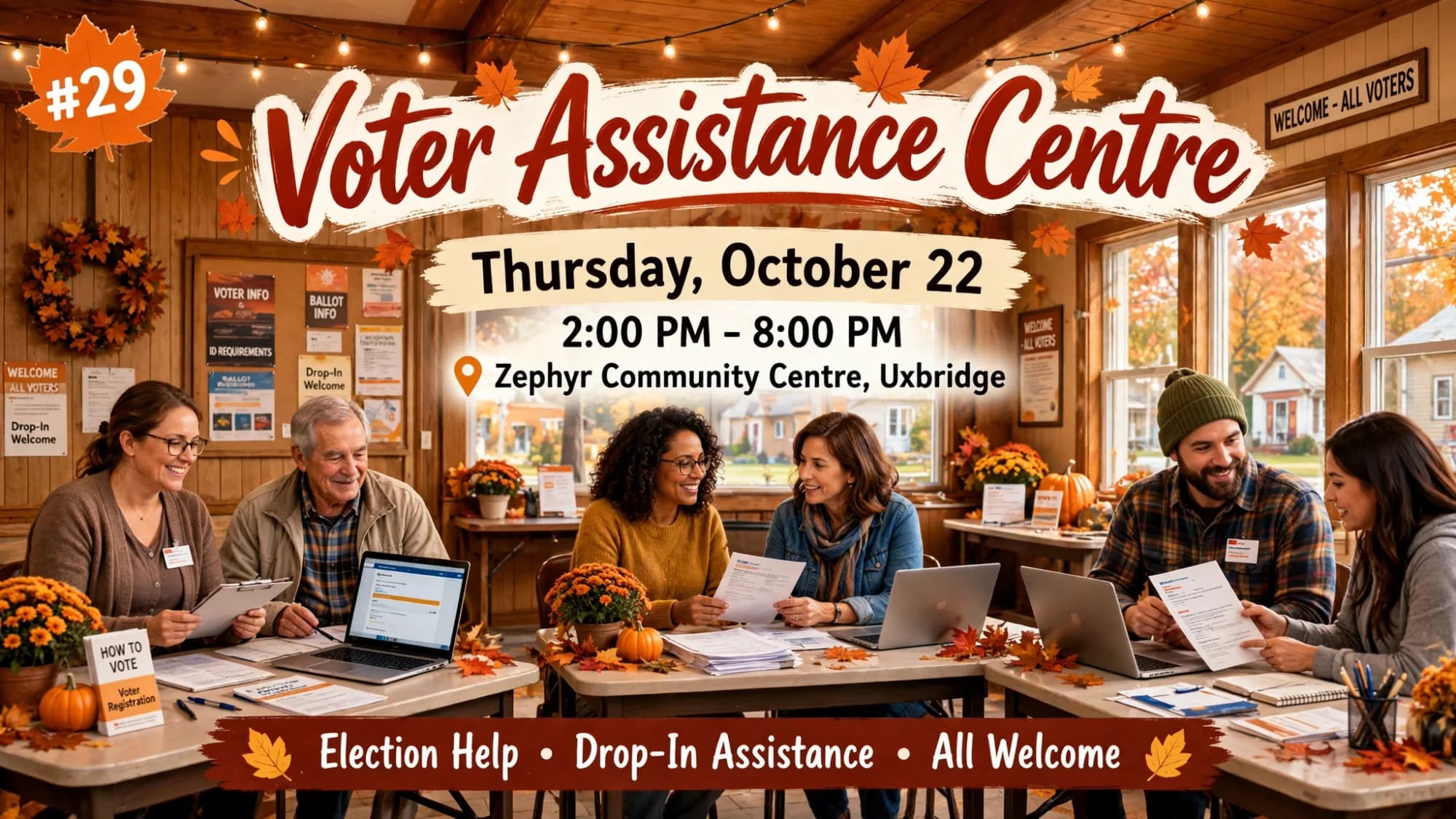 Voter Assistance Centre poster: staff helping residents at a community hall help desk