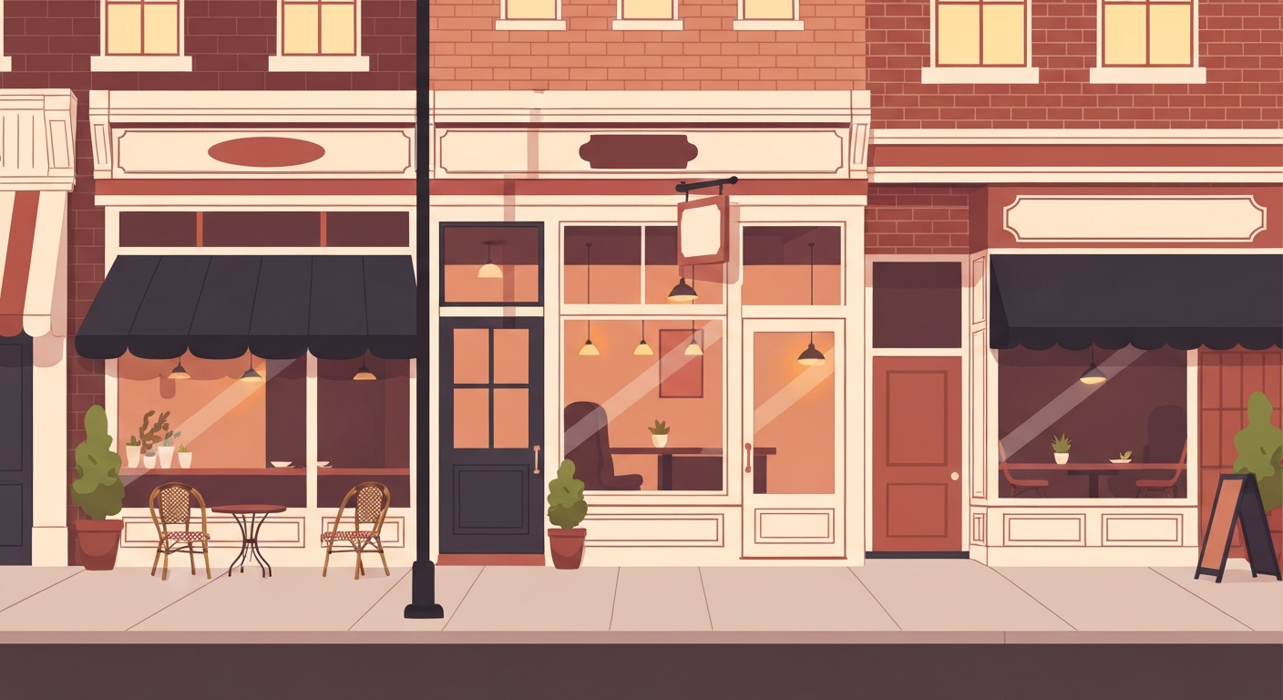 Editorial illustration of friendly downtown café storefronts on a quiet street.