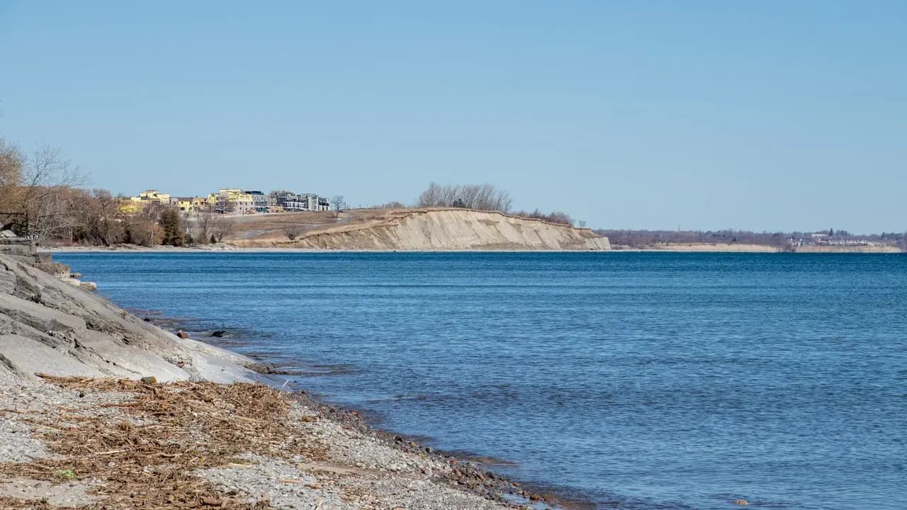 The Bowmanville East Beach shoreline on Lake Ontario, looking east toward Bond Head
