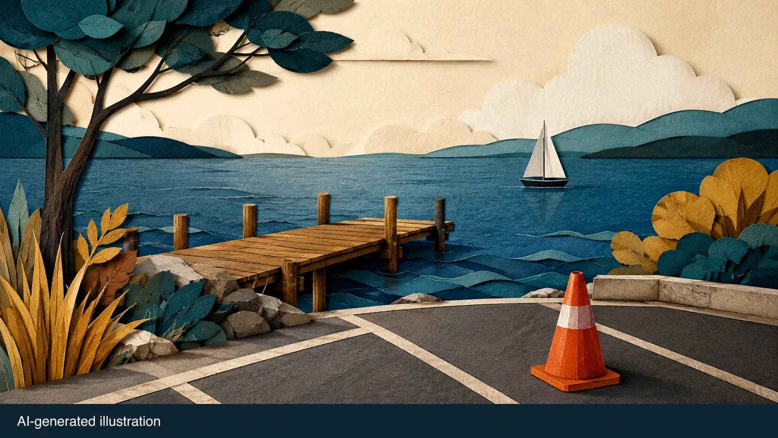 Illustrated harbour and a parking cone. AI-generated illustration.
