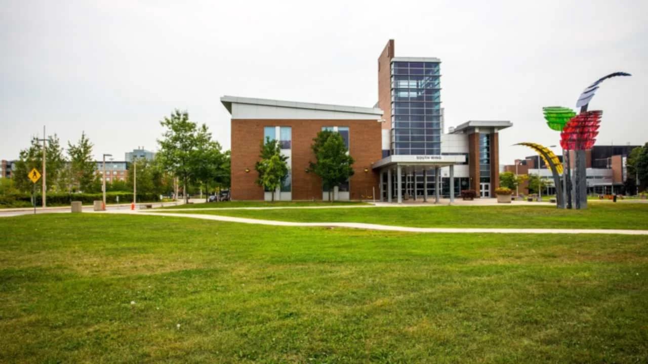 Durham College South Wing building with lawn in Oshawa