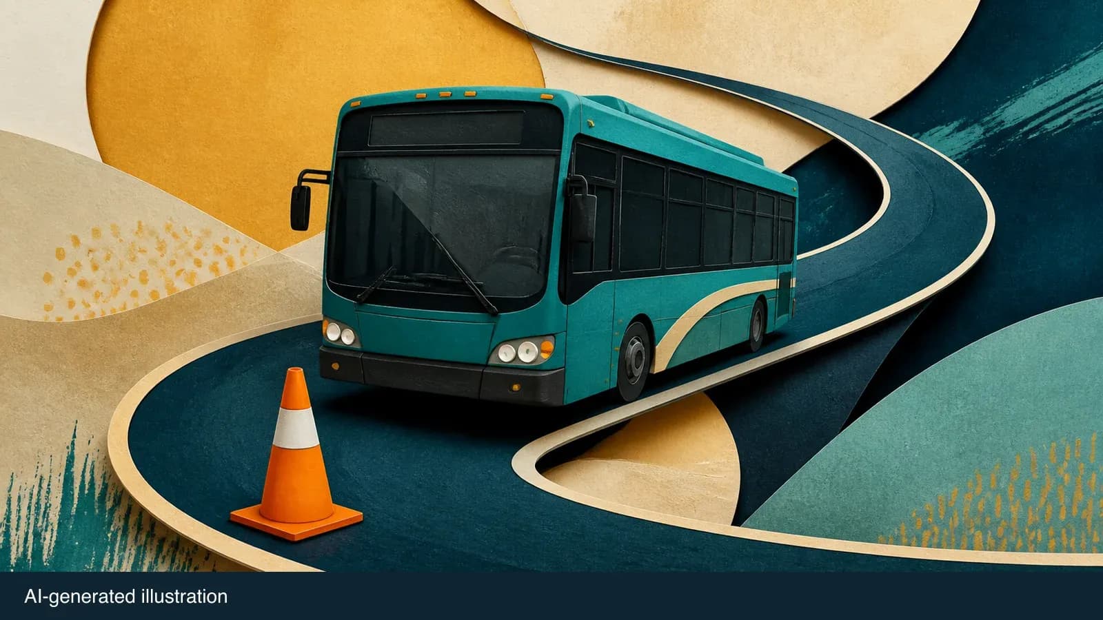 Illustrated bus and winding road representing a transit detour. AI-generated illustration.