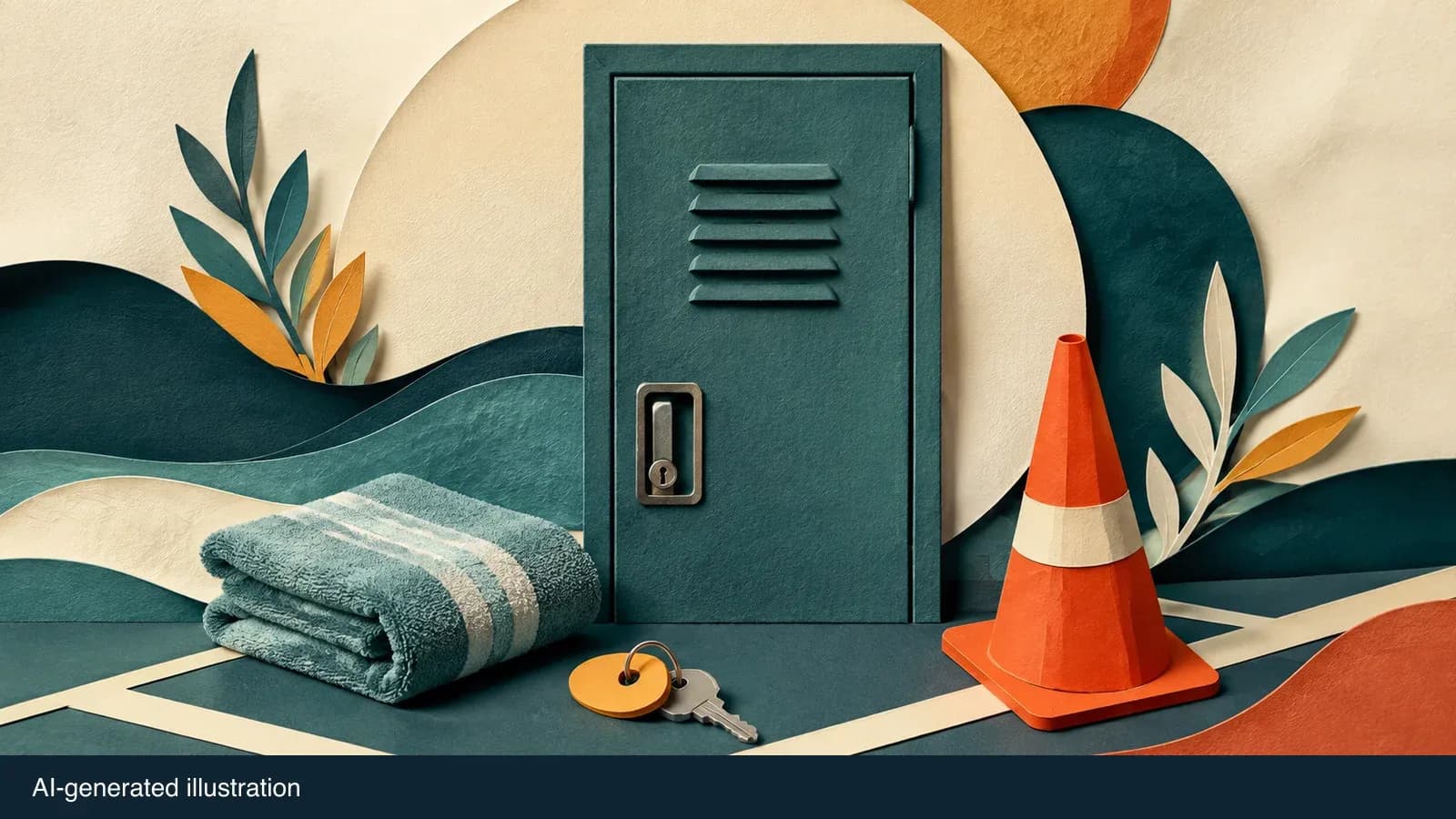 Illustrated locker, towel and traffic cone for recreation maintenance. AI-generated illustration.