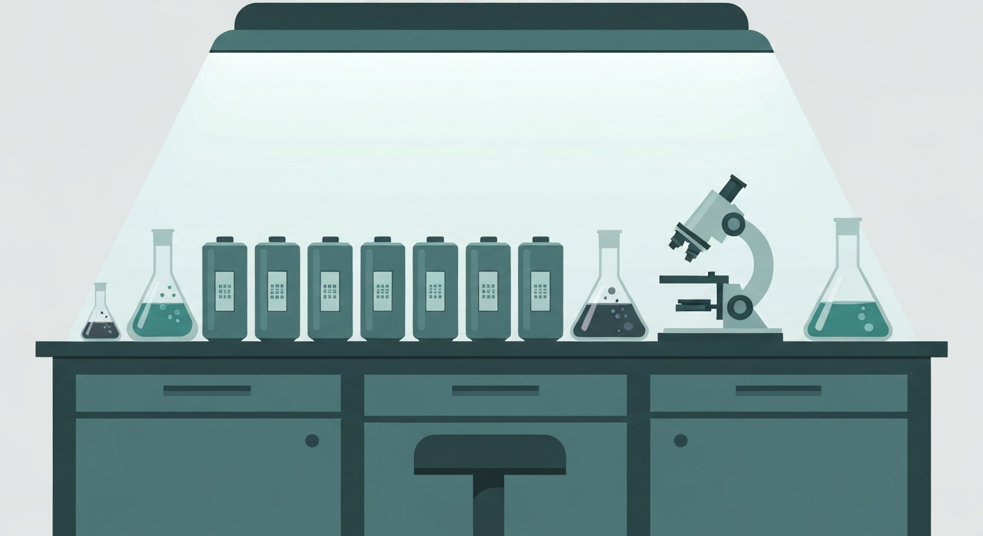Editorial illustration of a battery research laboratory bench with cells and instruments.
