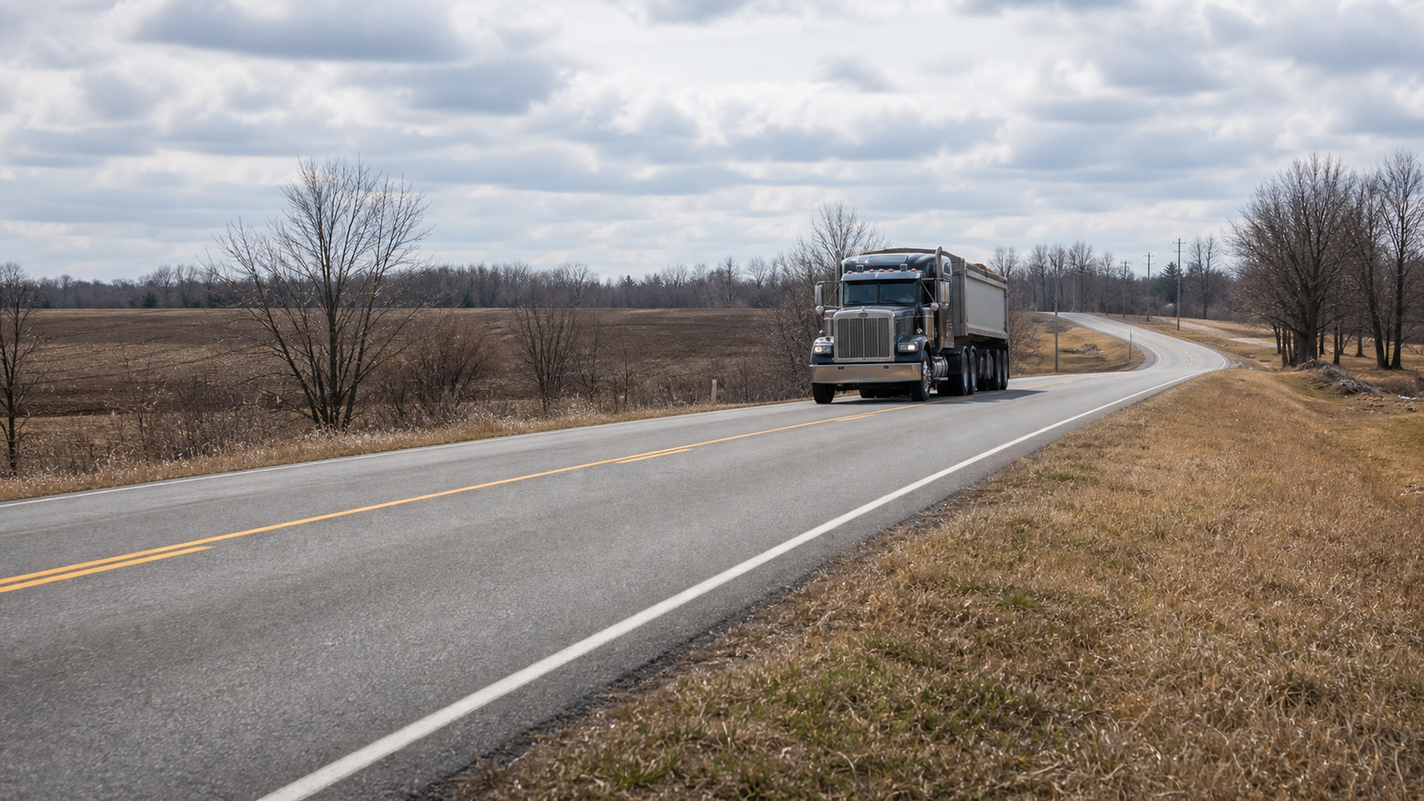 Photorealistic editorial image of a heavy truck on a rural Ontario road in spring.